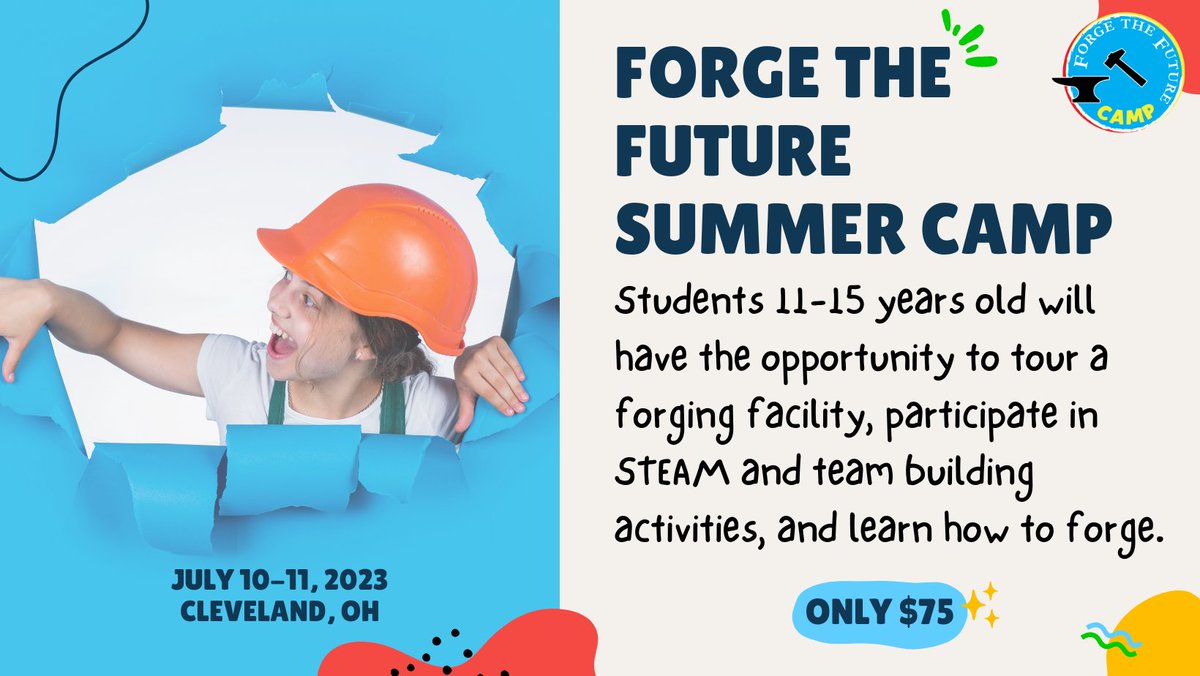ForgingIndustry's tweet photo. Join us for the first-ever Forge the Future Summer Camp! This camp is a great opportunity for your kids to learn about forging and participate in team-building activities. The camp kicks off in Cleveland, Ohio, July 10-11. Register below: https://t.co/7al9AC72VS
#FIERF https://t.co/6lztJKj4Ov