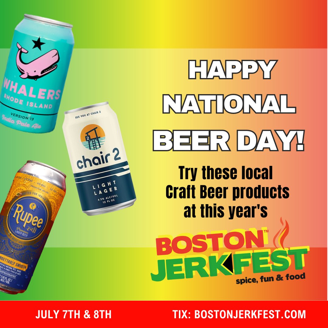 Happy National Beer Day! You can try these local craft beers during this year's Rum & Brew!
Make sure to get your Boston Jerkfest tickets linked in our bio! 

#nationalbeerday #rupee #chair2 #whalers #bostonjerkfest #jerkfest2023 #caribbeanfoodie #bestfoodfestival