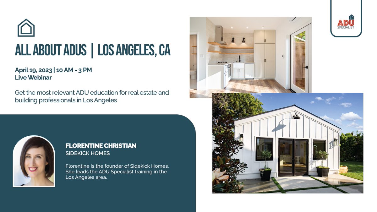 Are you a Los Angeles real estate professional curious about ADUs? Sign up for our live webinar! Brought to you by Sidekick Homes. loom.ly/nNcT6DQ

#adutraining #alternativehousing #buildsmall #aduarchitecture #adudevelopment #realestateinvestment #sustainablehousing