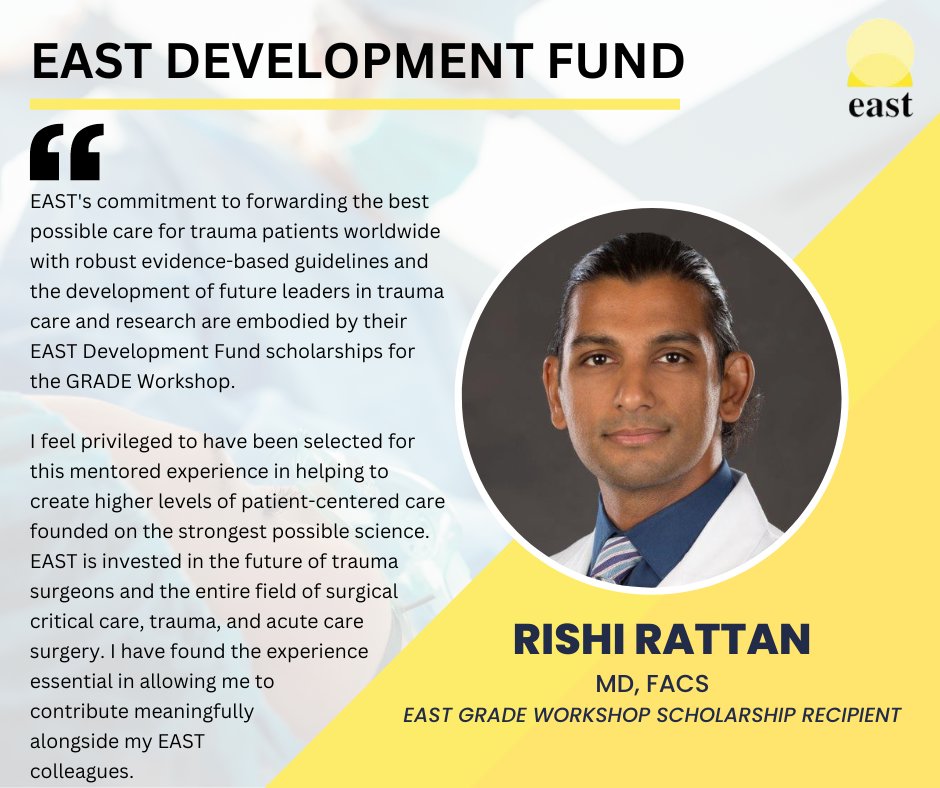 Traumatic injury is a public health challenge, but thanks to your generosity, we can support trauma leaders like Dr.@DrRishiRattan who are working to prevent injury & save lives. Donate to the EAST Development Fund & help support the future of trauma care: bit.ly/3KhHVsP