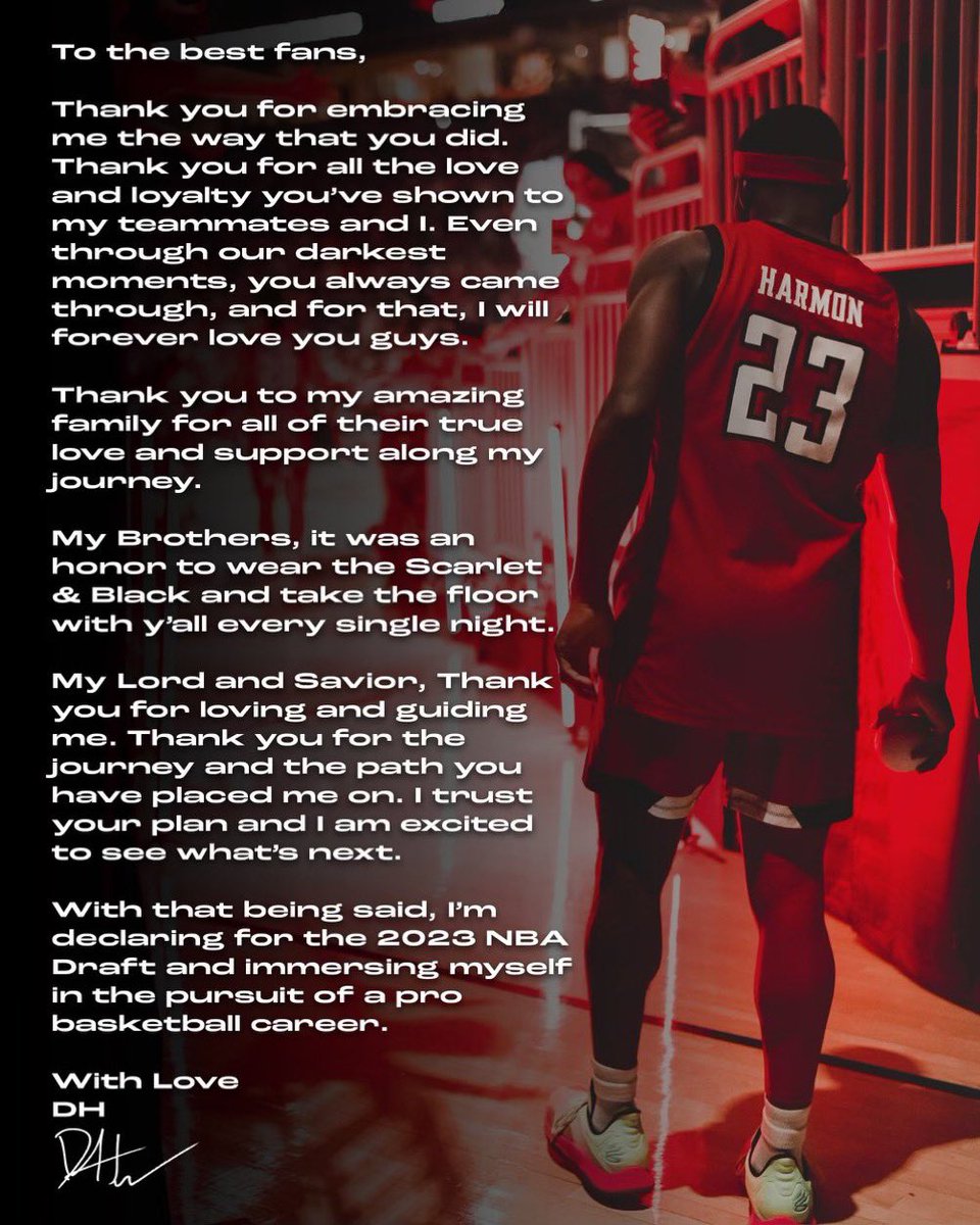 Texas Tech guard De’Vion Harmon has declared for the 2023 NBA Draft. Go crazy. ✊ @TheDH11