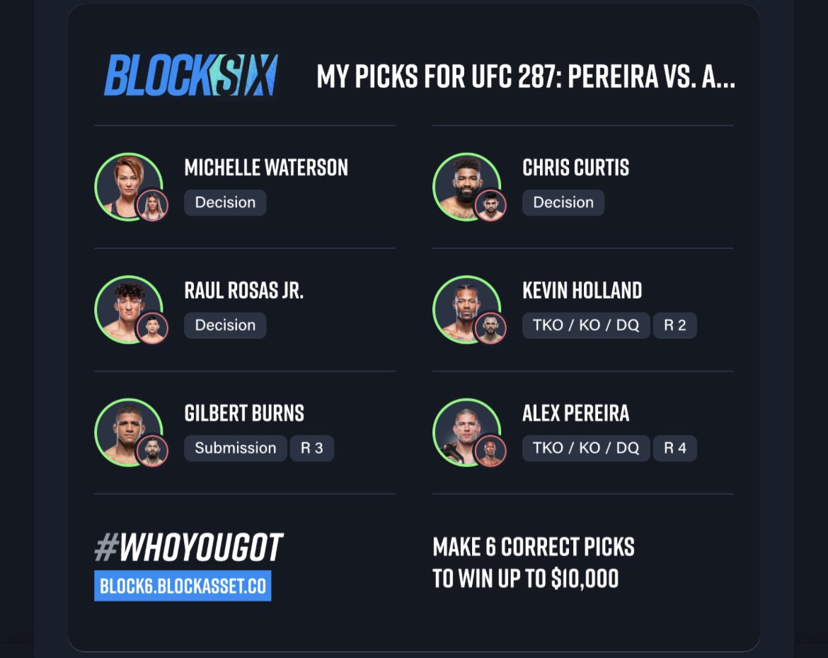 TheArtOfWar6's tweet image. Here are my picks for #UFC287 🥊

Get your picks in with @Blockassetco's free-to-play #BLOCK6 game for a chance to win $10,000 in $BLOCK! 💰

Do you have what it takes? 

Get your picks in below 👇

bl0ck.link/bkqOS4

#WhoYouGot #UFC287