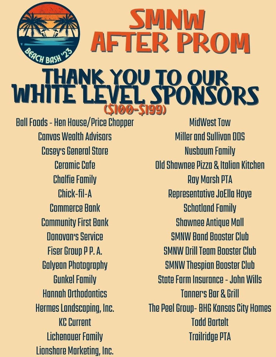 Thank you to these generous After Prom '23 sponsors! There is still time to support this important event - visit smnwptsa.org/afterprom23 to donate quickly and easily online!