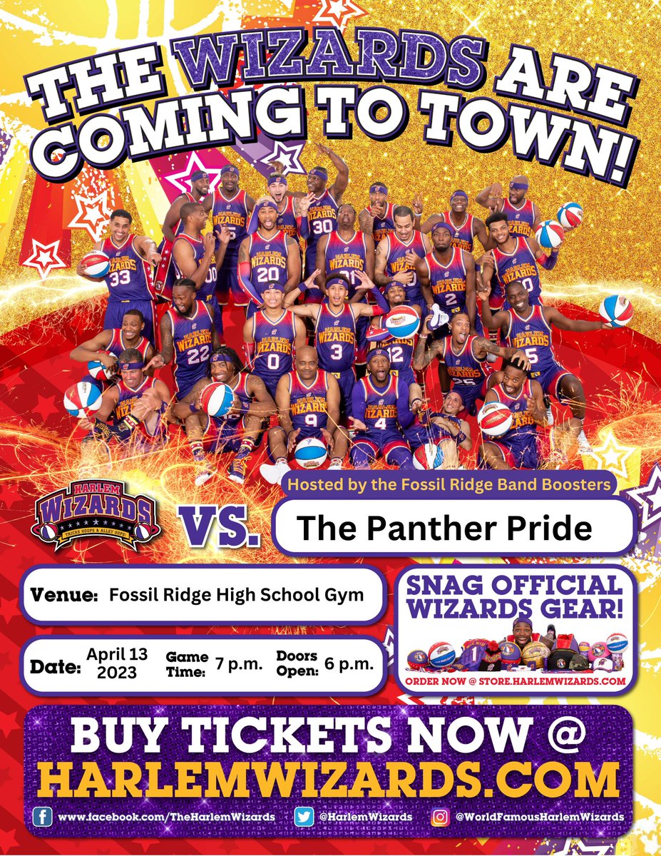 Join us Thursday, April 13, at 7 p.m. and help support <a href="/FRHSBands/">Fossil Ridge Band</a>! 🏀The Harlem Wizards will be at the FRHS gym showing off their moves and playing basketball against some of your teachers from across the Panther Pride!

📌You can purchase tickets here: harlemwizards.com/schedule-ticke…
