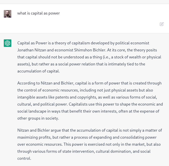 blair_fix's tweet photo. Hey ChatGPT, what is capital as power?
#capitalaspower @BichlerNitzan https://t.co/dDutlSRIKM