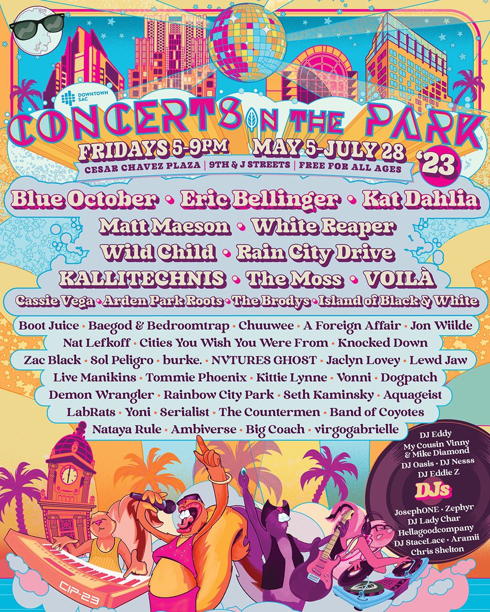 The lineup for @cipsacramento is here for 2023! We’ll see you in #DowntownSac at Cesar Chavez Plaza every Friday night for FREE shows from May 5 - July 28🕺🏼💃🏼🎸