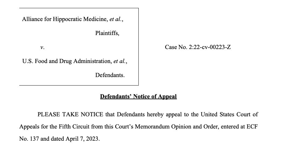 JUST NOW: DOJ files notice of appeal to Fifth Circuit. 

Garland says DOJ “strongly disagrees." “Today’s decision overturns the FDA’s expert judgement, rendered over 2 decades ago, that mifepristone is safe &amp; effective. The Dept will continue to defend the FDA’s decision.”