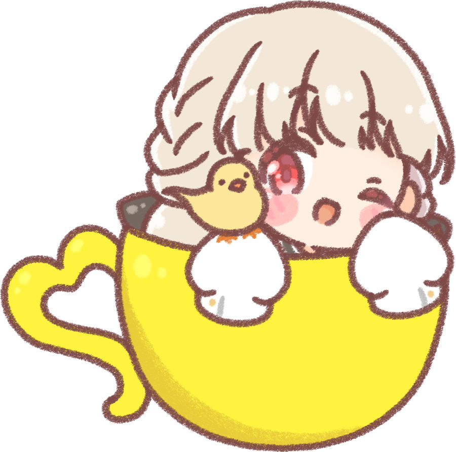 1girl one eye closed red eyes in cup cup solo bird  illustration images
