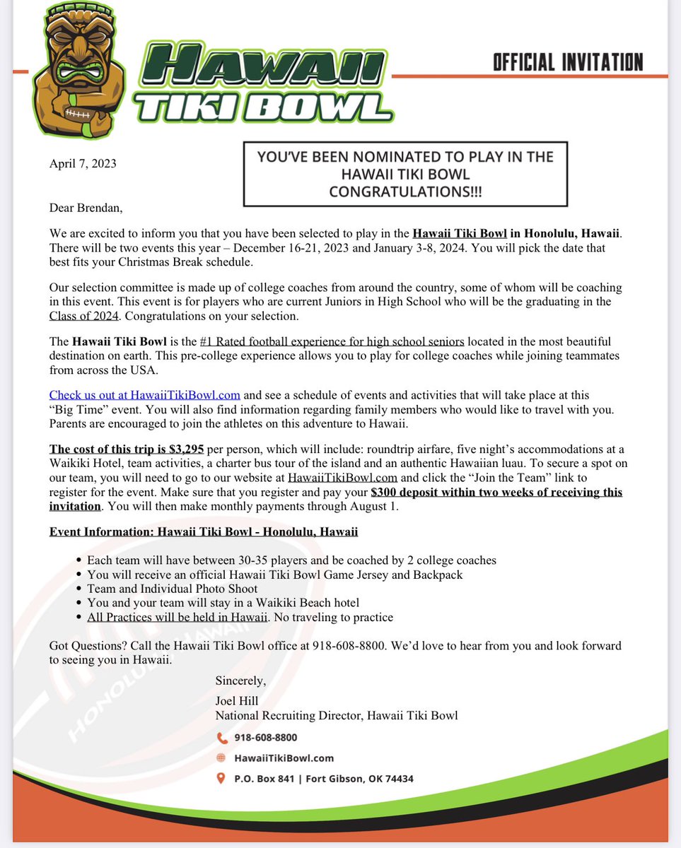 Thankful to receive and invite to play in the <a href="/HawaiiTikiBowl/">Hawaii Tiki Bowl</a>! <a href="/FillippSAU/">Vince Fillipp</a>