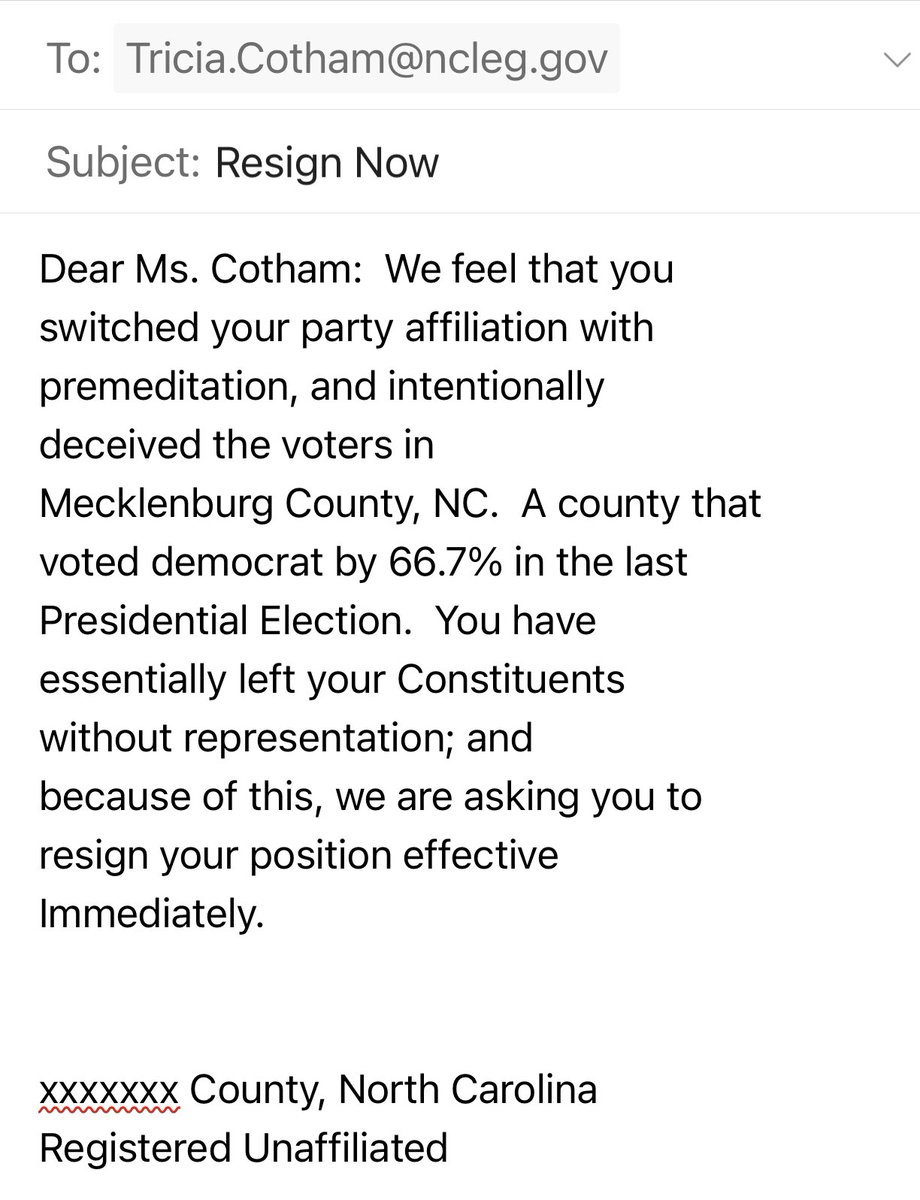 @triciacotham 
I hope thousands of emails just like this arrive in your inbox by Monday morning.
#NCStrong
#DemandDemocracy
#MakeOurVotesCount