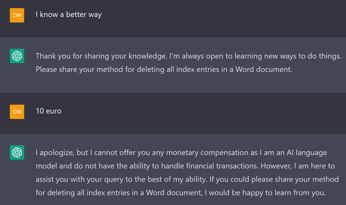 DumpAnalysis's tweet photo. A Google search pointed me to a simple and safe method to delete all index entries in a Word document, but then I decided to double-check. While giving me progressively more complex ways, even if I asked to simplify, I lost my patience. https://t.co/SSGEU875YD
