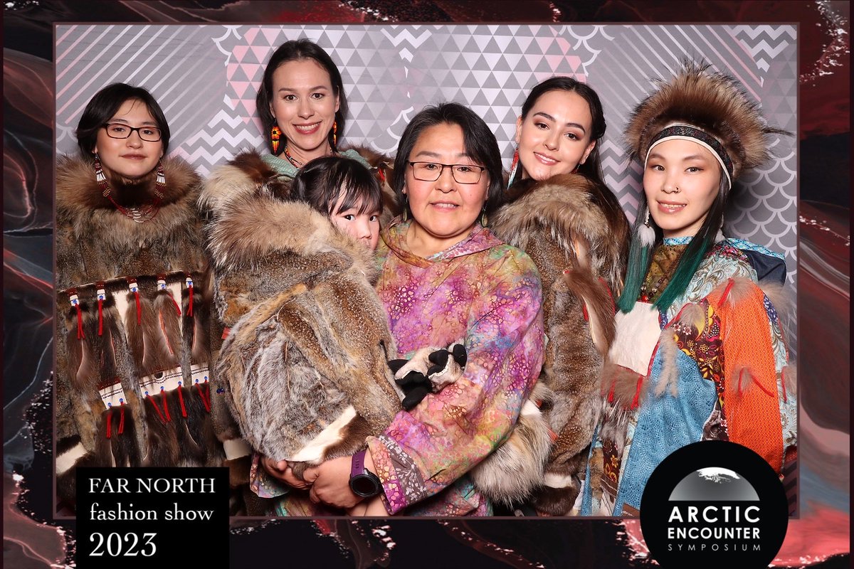Merna Lomack Wharton wearing qaspeq with 3 models wearing Arctic Ground Squirrel parkas and a Lumaraq Qaliq in fabric. Maryann Lomack Arctic Ground Squirrel Qaliq worn by Karen Lomack. #arcticencounter #alaska