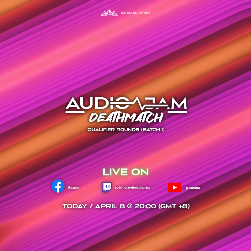 yobimo_cc's tweet photo. The AudioJam Deathmatch Qualifying Rounds Batch 1 will now be broadcast live, not just on YouTube but on Twitch and Facebook as well! Join us to watch our first-ever AJDM match today, at 20:00 (GMT +8)! https://t.co/ljhHmzeYpI