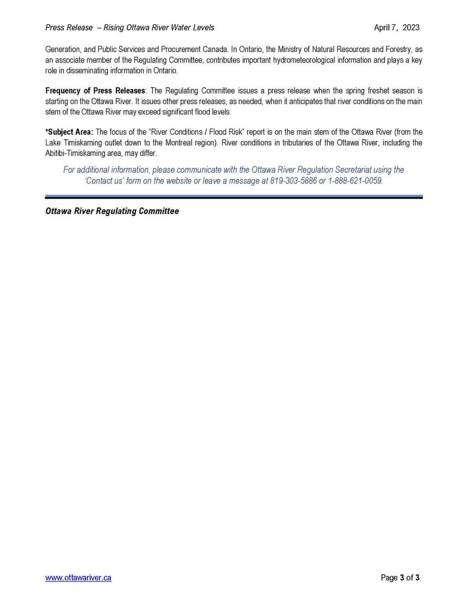 RenfrewCounty's tweet photo. Please see the press release, issued today by the Ottawa River Regulation Planning Board, on rising water levels along the Ottawa River.
#SpringFreshet #OttawaRiverBasin https://t.co/YzSdDiGxQU