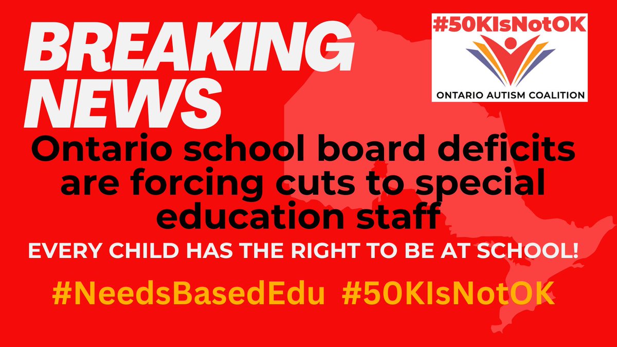 Schools boards are dangerously underfunded &amp; considering axing vital special education capacity to save $. THIS IS NOT OK! Those classes are the only reason many of our kids can be in school. WE SEE YOU <a href="/Sflecce/">Stephen Lecce</a> &amp; <a href="/fordnation/">Doug Ford</a>
 #NeedsBasedEdu #50KIsNotOK #onpoli #AutismIsLifelong