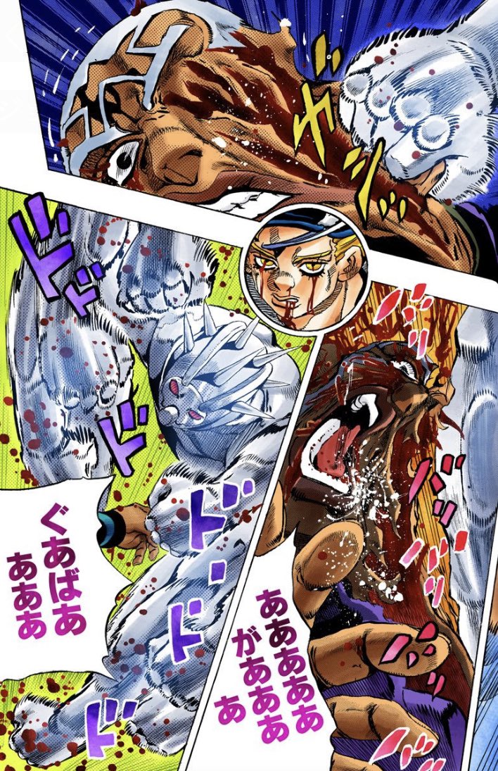 アニメのプッチの顔はまだ綺麗だったけど、原作のプッチは顔の皮をバリバリされてえらい事になってる。プッチに対してのウェザーの怒りの強さを感じる 