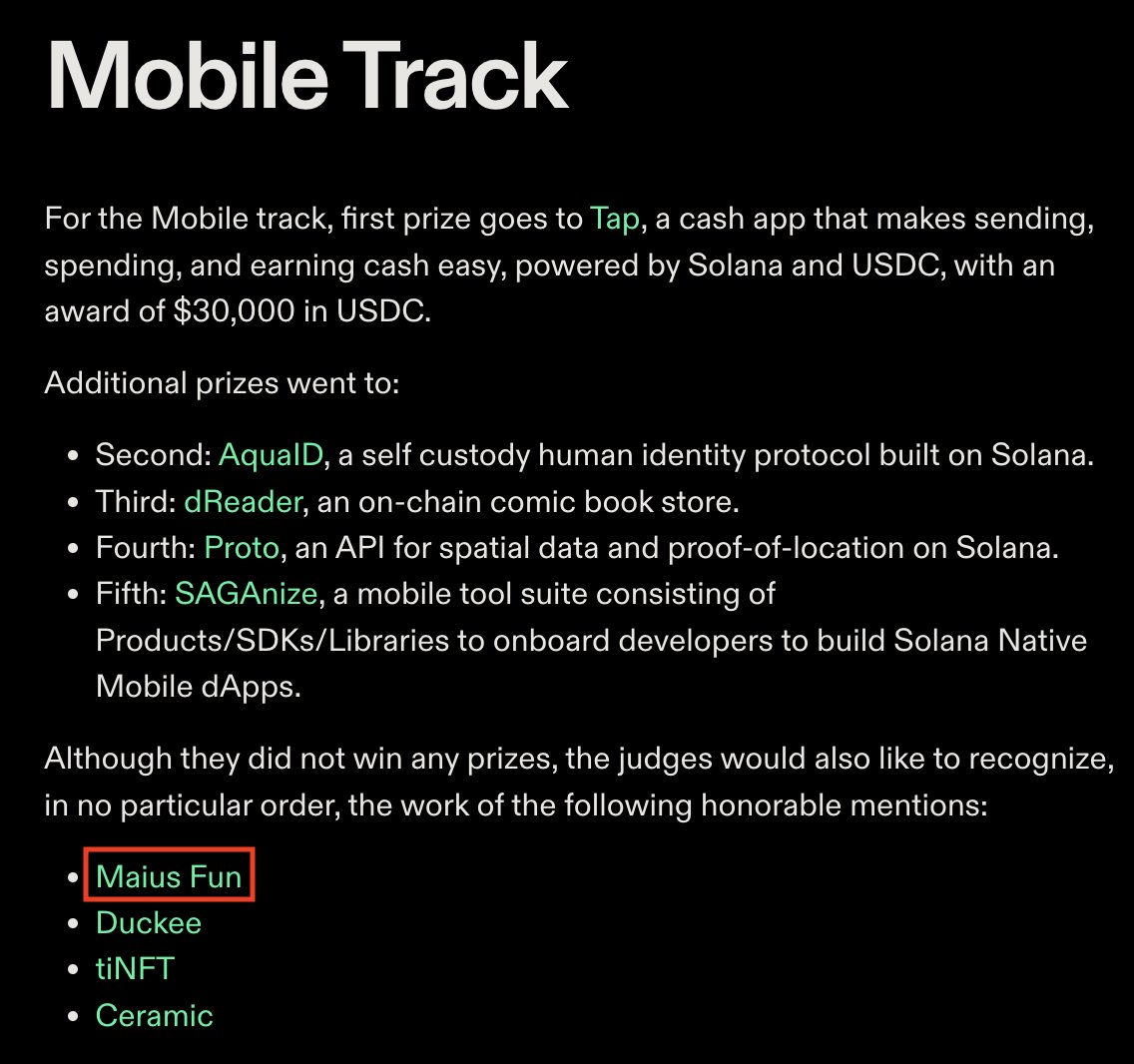 We are so proud to have an honorable mention from <a href="/SolanaFndn/">Solana Foundation</a>. Thanks to everyone who has supported us over the past month

<a href="/MaiusPay/">Maius Pay 🔥💃🏻</a> team will continue to build in public and contribute to the Solana ecosystem with open-source projects.

Congratulations to all the winners!

📸🫡
