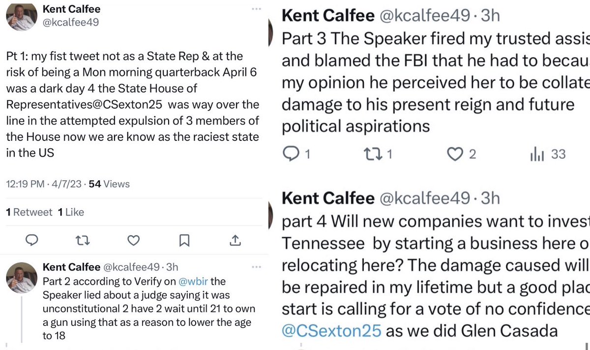TheTNHoller's tweet photo. Former Republican rep @kcalfee49 drops a tweet thread calling Speaker Sexton “way over the line” expelling the #TennesseeThree and calls for a “no confidence vote” after making various accusations👇🏽 https://t.co/8dW6B7LEDC