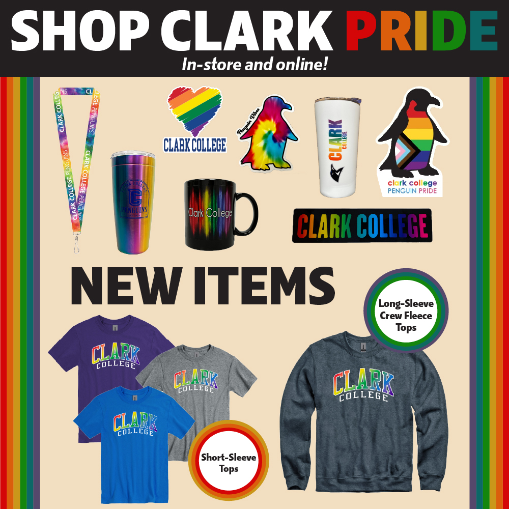 ClarkBookstore's tweet photo. Come shop Clark Pride at the Clark Bookstore! Browse our whole collection in-store and online, including our NEW short-sleeve tops and long-sleeve crew fleece tops! https://t.co/s4V90aET2J