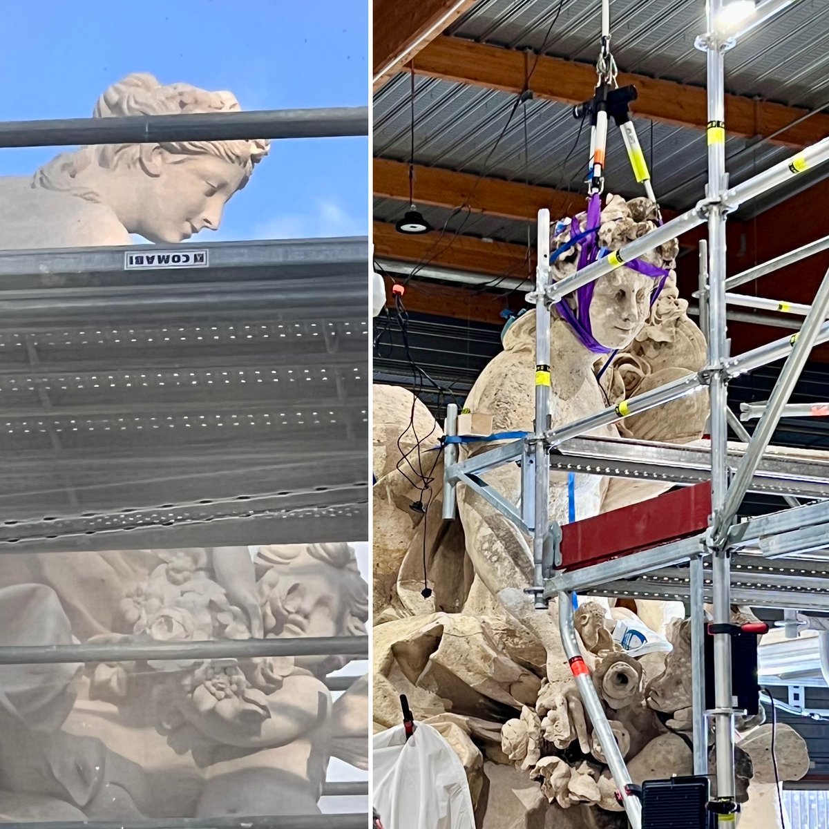 La tête de Flore a été tombée il y a dix ans, et la copie complète du groupe «Zéphyr et Flore » est installée maintenant sur le pilier. Actuellement, la tête originale est en train d’être positionnée sur le cou dans l’ancienne usine Dunlopillo. <a href="/CVersailles/">Château de Versailles</a> <a href="/Les_Yvelines/">Les Yvelines</a>