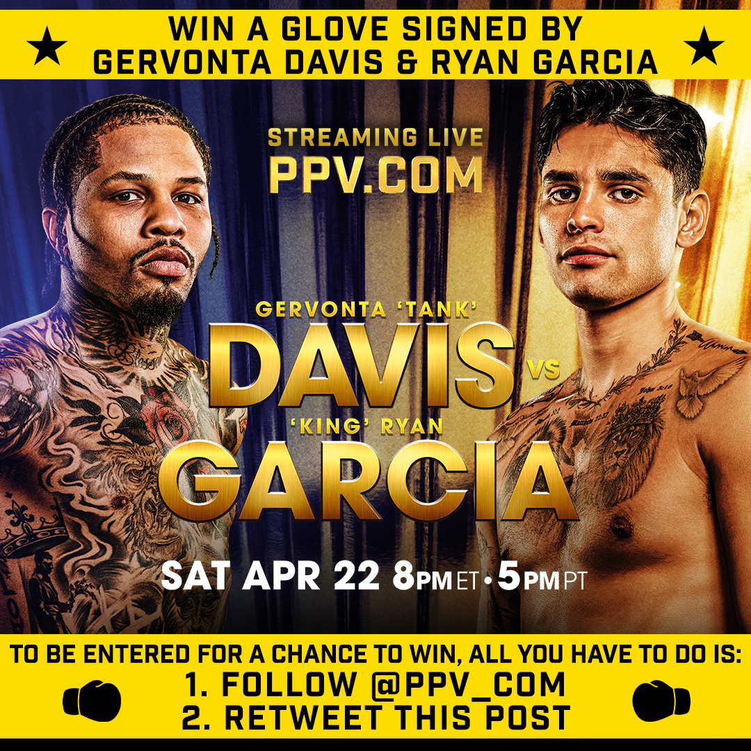 Enter to win a boxing glove signed by @Gervontaa and @RyanGarcia 🥊 All you have to do is: 1. Follow @ppv_com 2. Retweet this post And be sure to watch the fight LIVE on PPV.COM NoPurNec. 18+, US Only, ends 4/22/2023 at 11:59p ET Rules: bit.ly/ppv-sweepstakes