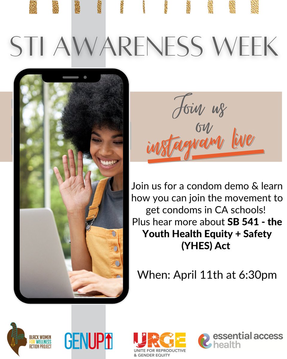 EssnAccessHlth's tweet image. April 9-15 is #STIAwarenessWeek! 

Save the Date: Join SB 541 co-sponsors Essential Access, @BwwAction @URGE__CA @GENupUS for an IG Live next Tuesday where we&apos;ll be speaking about the bill and how young people can join the movement to get free condoms in CA schools!
