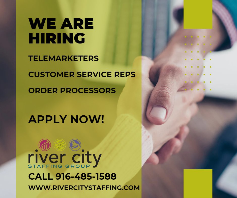 If you have a passion for helping others and a drive to succeed, these jobs are perfect for you. 

Apply now! 
jobs.rivercitystaffing.com/jb/TELEMARKETE…
jobs.rivercitystaffing.com/jb/CUSTOMER-SE…
jobs.rivercitystaffing.com/jb/CUSTOMER-SE…
Call us directly at 916-485-1588!

#RiverCityStaffing #Recruitment #StaffingFirm #Jobs #NowHiring