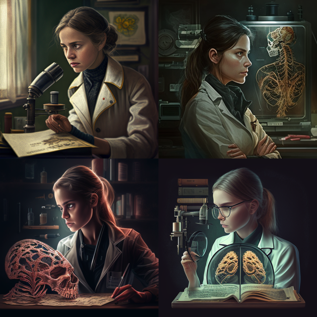 drdoubleb's tweet image. What AI thinks a "pathologist" looks like... @midjourney_ai was trained on some weird images. And yeah they were all dudes, so "female pathologist" is separate. At least they're not as ridiculous😅 #pathologists #pathtwitter