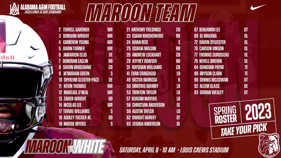 AamufbR's tweet image. Take Your Pick❗️ The official Maroon and White Spring Game gets underway tomorrow at 10 AM. Come support your Bulldog football program to get the first official look at the 2023 roster❗️

#aamufb #GoBulldogs #MaroonandWhiteGame
#ExcellenceIsOurStandard