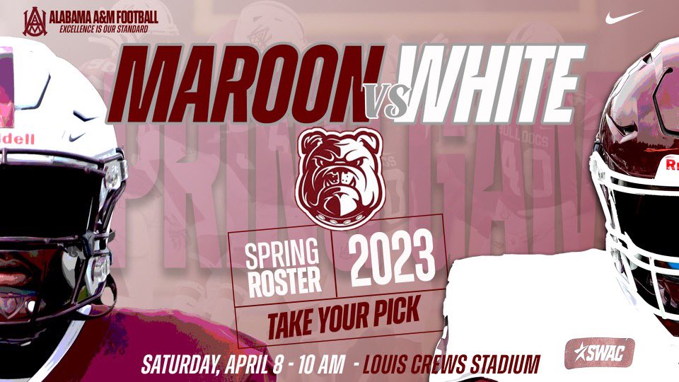 AamufbR's tweet image. Take Your Pick❗️ The official Maroon and White Spring Game gets underway tomorrow at 10 AM. Come support your Bulldog football program to get the first official look at the 2023 roster❗️

#aamufb #GoBulldogs #MaroonandWhiteGame
#ExcellenceIsOurStandard