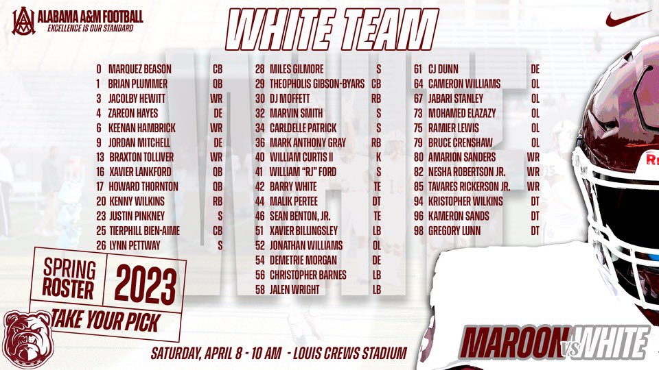 AamufbR's tweet image. Take Your Pick❗️ The official Maroon and White Spring Game gets underway tomorrow at 10 AM. Come support your Bulldog football program to get the first official look at the 2023 roster❗️

#aamufb #GoBulldogs #MaroonandWhiteGame
#ExcellenceIsOurStandard