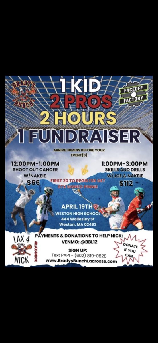 A great event in support of a wonderful individual….Nick Gaspar….! Sharpen your lax skills while raising money to support one of the bravest and up lifting individuals we know!!!