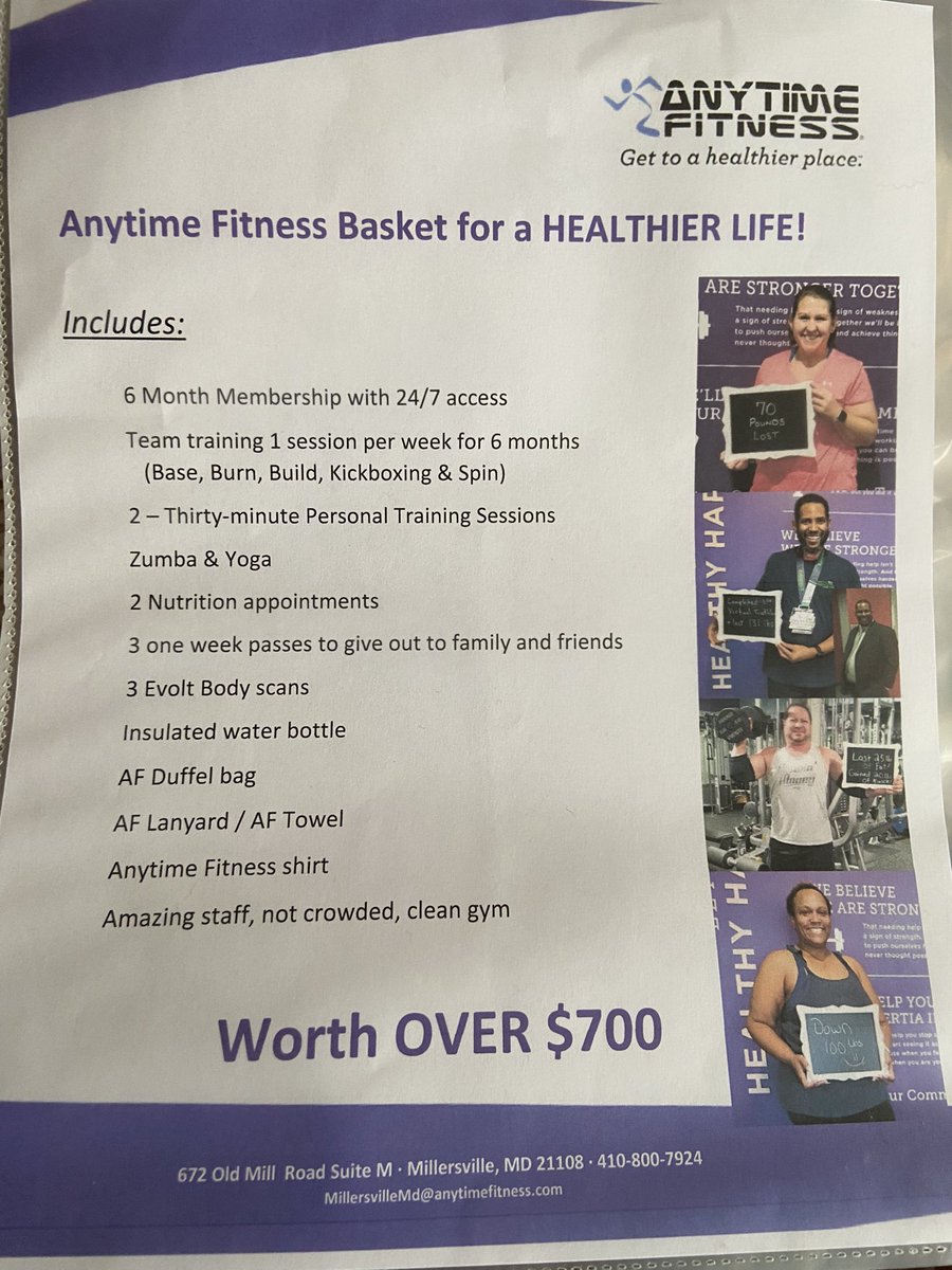 We are getting close to quarter auction time. We want to start sharing some of the awesome prizes we have. First up today is this amazing basket from <a href="/AnytimeFitness/">Anytime Fitness</a> Glen Burnie. $700 value of a gym membership and some really nice goodies. 🏋️‍♀️💦❤️🚲