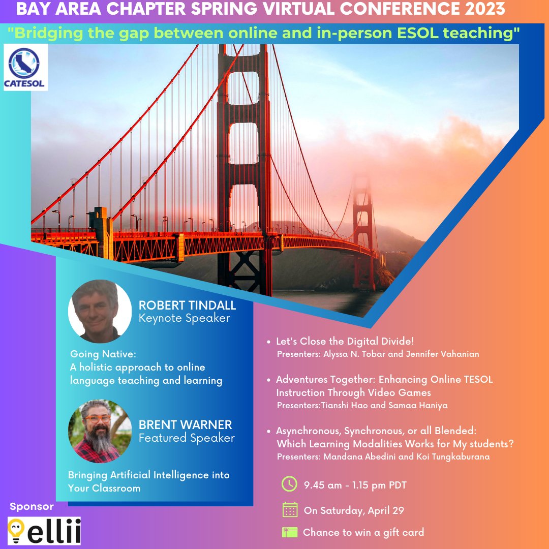 catesolbayarea's tweet photo. Join us for the Bay Area Spring Virtual Conference 2023: Bridging the gap between online and in-person ESOL Teaching! More info and registration: https://t.co/a8uZOmDWEh
#catesolba #catesol #onlineteaching #esl https://t.co/BBh9cF1aO5