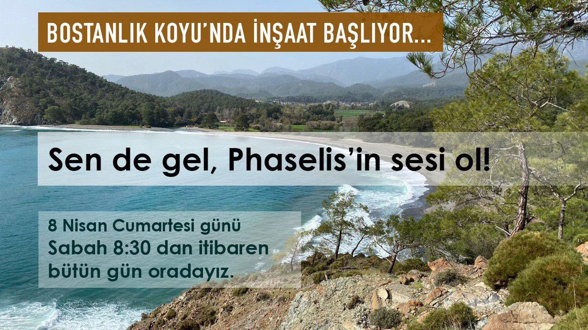 phaselisins's tweet photo. Bu bir çağrı! 8 Nisan 2023 - Cumartesi , Bostanlık Koyuna sen de gel! Phaselis’in son bakir plajının, endemik bitkilerin, Caretta Caretta’ların sesi ol !   
 #PhaseliseDokunma https://t.co/dIPWPn6Wut