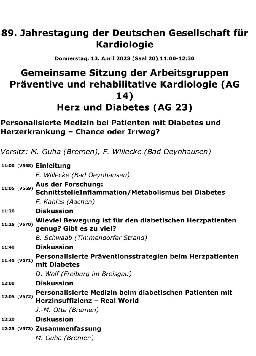 Personalisierte Medizin bei Patienten mit Diabetes und Herzerkrankung - Chance oder Irrweg? Sitzung der @Ag23 und @Ag14 Donnerstag 11Uhr Saal 20. <a href="/DGK_org/">Deutsche Gesellschaft für Kardiologie</a>