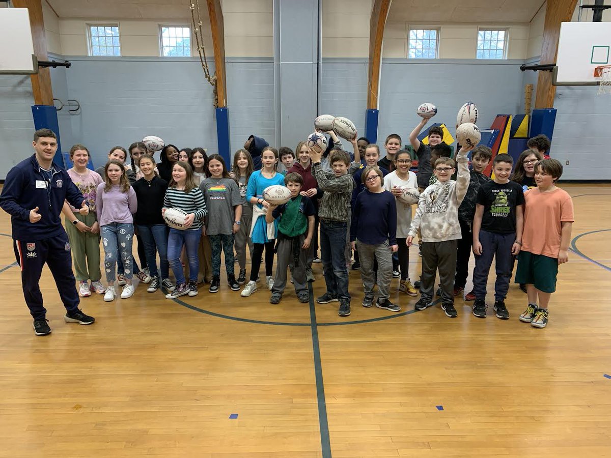 EES grade 5 students learn the fundamentals of rugby in Mrs. Gauley’s PE class with Thomas Grant from the New England Free Jacks out of Boston!