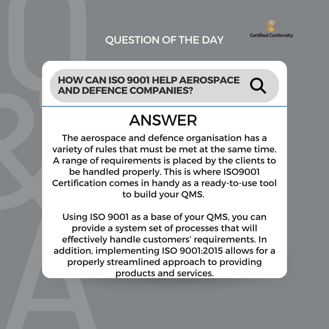 When implementing ISO 9001:2015, you will see increased improvements within the processes available, eventually leading to consistency in product and service delivery👍

Contact us today certifiedconformity.com/contact/ 

#ISO #ISO9001 #qualitymanagement #ISOconsulting #businessgoals #QMS