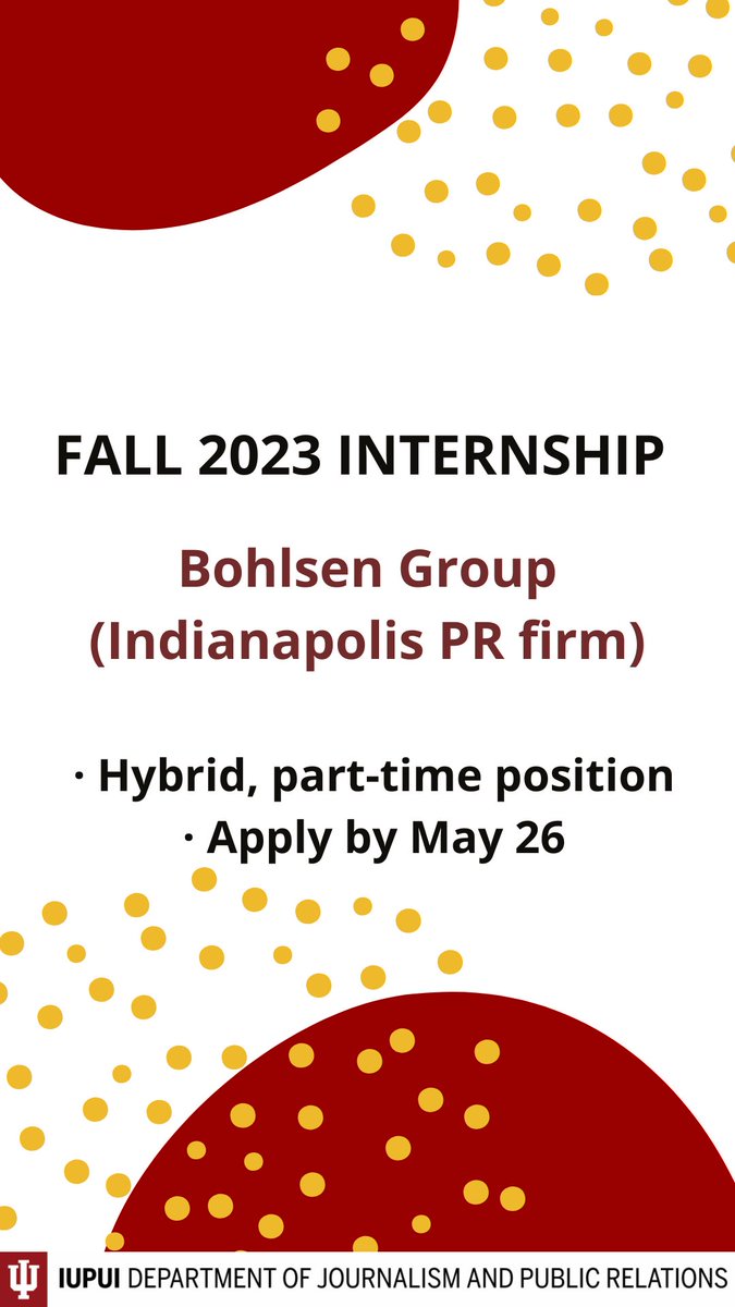 Another PR internship opportunity: Bohlsen is hiring paid marketing and communications interns for Fall '23. Apply by May 26! docs.google.com/forms/d/e/1FAI… bohlsengroup.com/marketing-comm… <a href="/iupuiprssa/">IUPUI PRSSA</a> <a href="/BenRisinger/">Ben Risinger</a> <a href="/16campaignbites/">Chris Lamb</a>