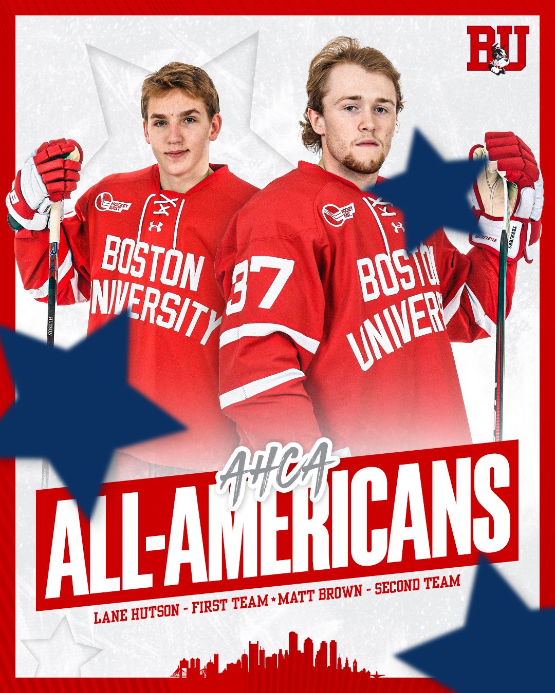 AHCA All-Americans graphic featuring First Team selection Lane Hutson and Second Team selection Matt Brown