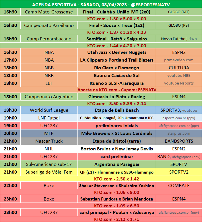 Esportes Na TV 📺 on X: A agenda esportiva deste SÁBADO (11/11/2023) Faça  sua aposta na @KTO_brasil utilizando o cupom ESPNATV no cadastro e garanta  20% de bônus no seu primeiro depósito!