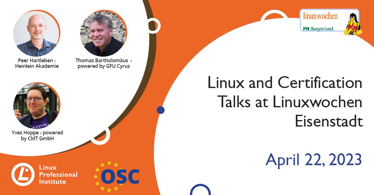 LPIConnect's tweet photo. Want valuable insights on #Linux and #opensource from speakers around the globe? Join LPI online and in-person at #Linuxwochen #Eisenstadt, April 21-22!
Register now: https://t.co/SWUW7wweXK
Many thanks to #LPI Channel Partner @LPI_CE for making this event possible!
#Tech https://t.co/FAjumLYNKp