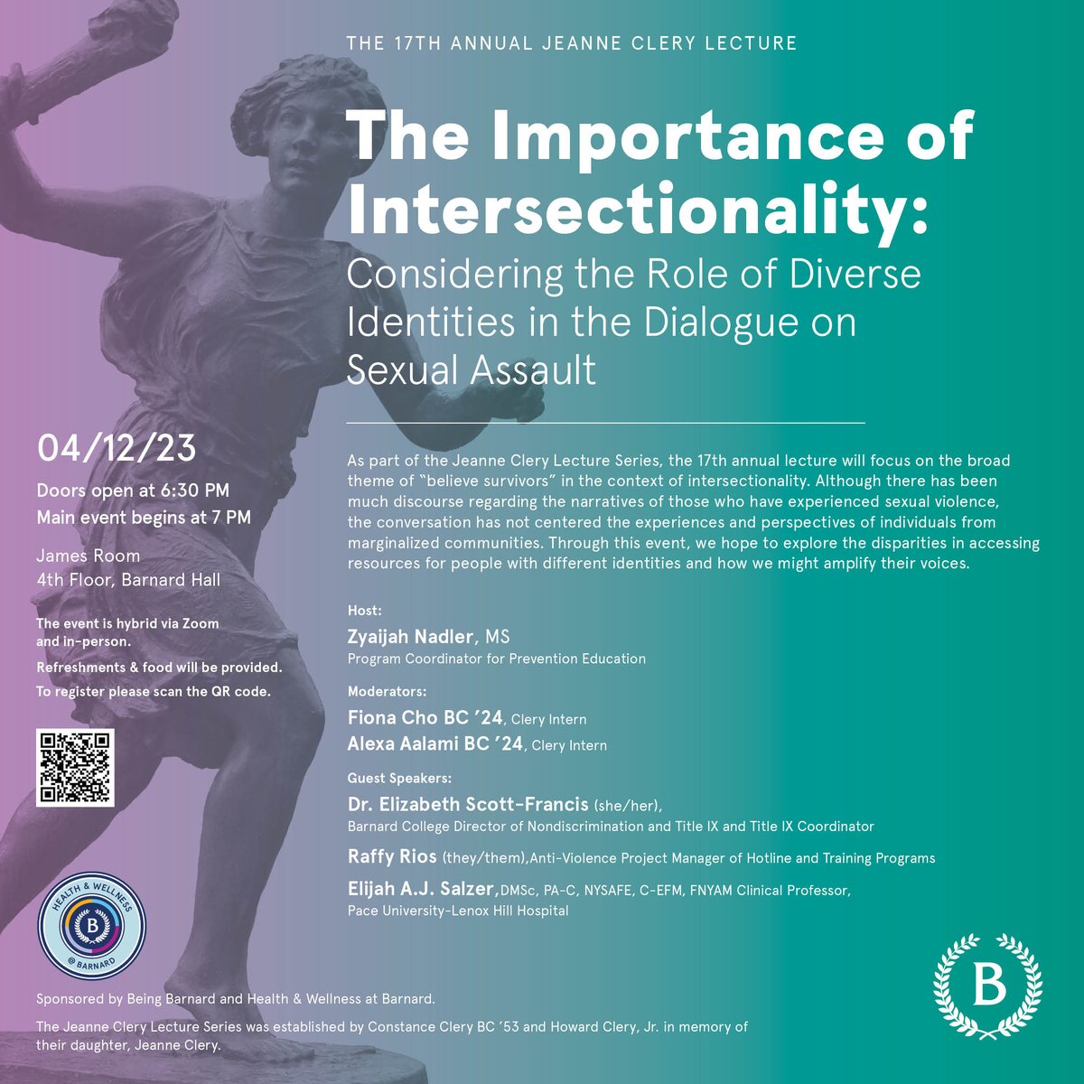 BeingBarnard's tweet photo. Just 5 days to go until the 17th Annual Clery Lecture Series!! We are so excited for everyone to come to our event and listen to a great conversation with our three panelists, who come from different backgrounds in terms of violence prevention and response work. 

RSVP now throug https://t.co/5LXD9NzxhU