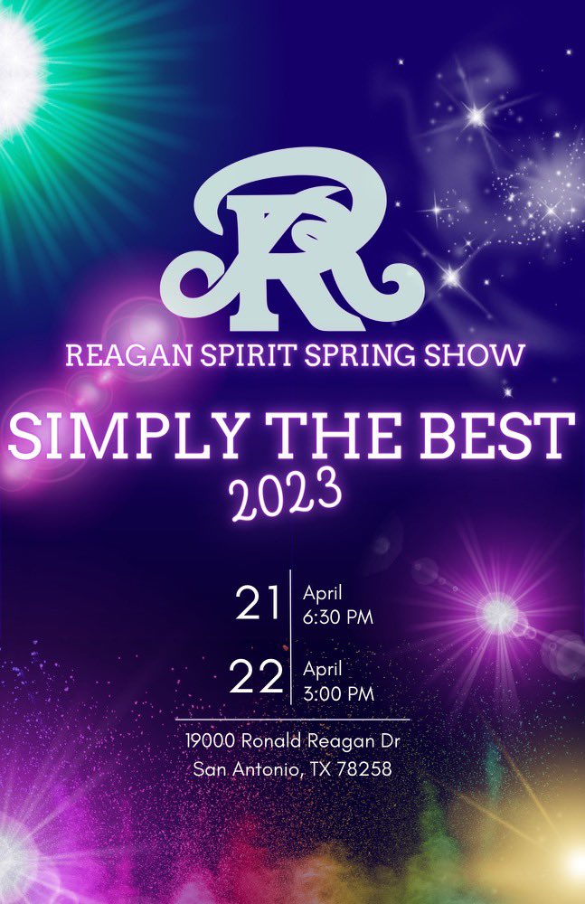 We proudly present our 24th annual Spring Show! Join us as we close another fabulous year of Reagan Spirit and bid farewell to our amazing Class of 2023! Purchase tickets here: rrhsspirit.ludus.com

#WeAreReaganSpirit
#StrikeEm #SpringShow2023
<a href="/Reagan_Cheer1/">SA REAGAN CHEER</a> <a href="/reaganwayrhs/">Reagan High School</a>