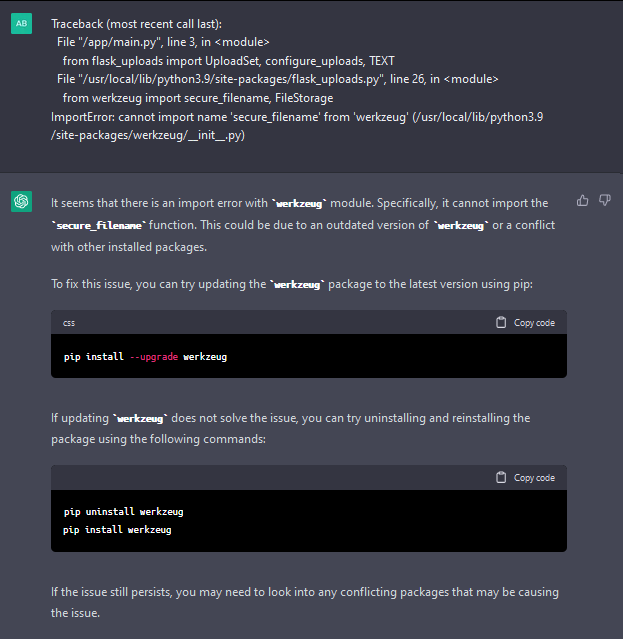 ab2pentest's tweet photo. #ChatGPT vs #StackOverflow 

I had a Flask issue with flask_uploads and tried using ChatGPT for help,  but it didn't work. Found a solution on StackOverflow in 5 seconds and  gained a better understanding of the problem. https://t.co/XcMmy4hpNI