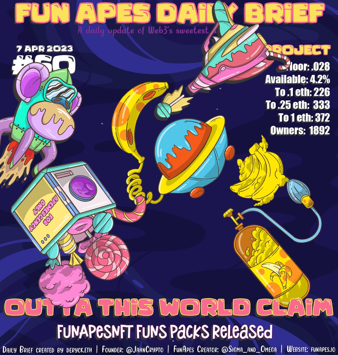 deryck_eth's tweet photo. 🄵🅄🄽 🄰🄿🄴🅂 🅄🄿🄳🄰🅃🄴 
April 7 | Issue #60

The #FunApesNFT releases the next step in their #Engage2Earn project by releasing a free claim to #Funanas owners with an extremely gas efficient token. The #FunsPack acts as a multiplier for @FunApes_NFT members in #TheLab. https://t.co/NEvJiWpHpA