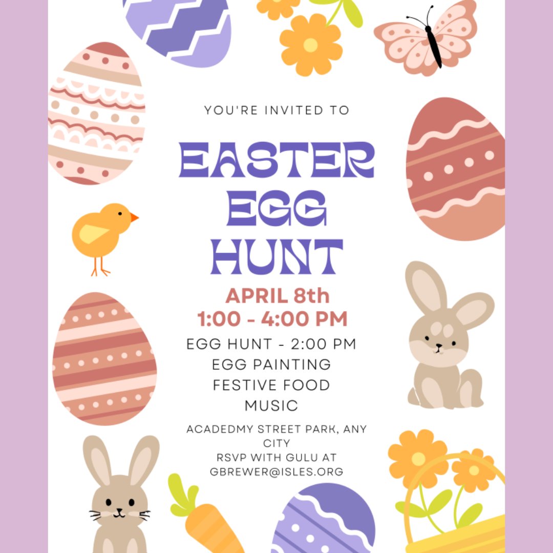 Bring the kiddos out for a fun community Easter Egg Hunt tomorrow, April 8th, 1:00 - 4:00 pm! RSVP with Gulu at Gbrewer@Isles.org. We hope to see you there! 
#Easter #EasterEgghunt #childrensevent #funforkids #eggpainting #food #music