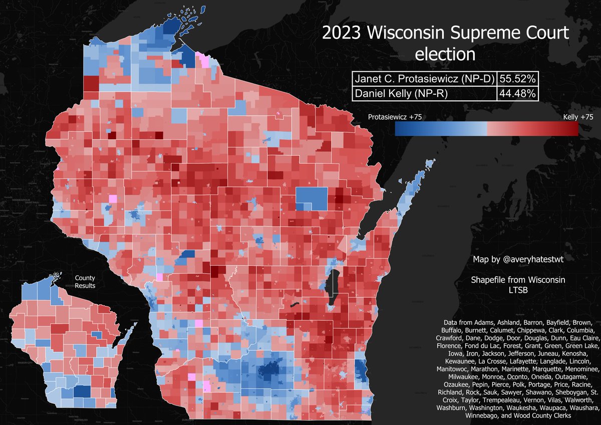 averyhatestwt's tweet image. Today I present to you my highest effort map yet, the 2023 Wisconsin Supreme Court race by Municipality. Protasiewicz won by the largest margin that a dem-aligned candidate has since 2018, obliterating election denier and anti-choice former justice Dan Kelly.