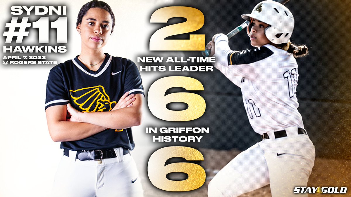 🚨 HIT-STORY FOR HAWKINS 🚨

With her last hit vs. Rogers State, Sydni Hawkins passes Morgan Rathmann and is the new all-time hits leader in <a href="/GriffonSoftball/">Griffon Softball</a> history!

#StayGold🔔 | #GriffUp🦅🦁⬆️