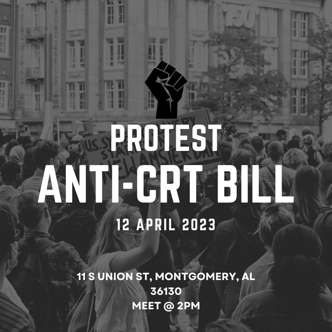 🚨AL MOVES IS ON OUR WAY TO THE STATE HOUSE🚨
Meet us at the Alabama State House in Montgomery, AL next Wednesday, April 12 @ 2pm to protest with us against the grotesque anti-CRT bill, Alabama House Bill 7!
#killALHB7 #alabamapolitics #montgomery